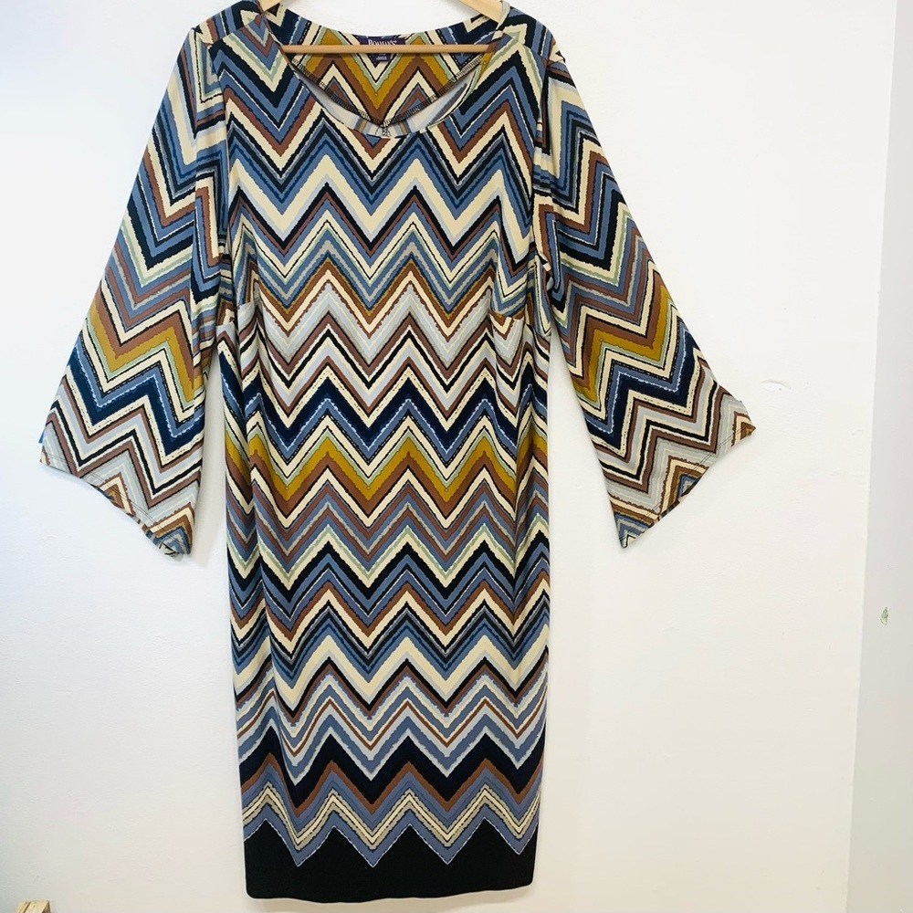 Roamans Midi Dress 20W Stretch Knit Geometric Flare Sleeve Shift Office Casual